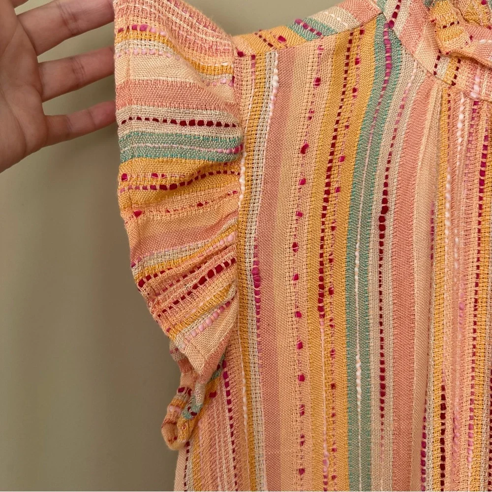 SOLD THML Women Medium Freeport Woven Striped Flutter Sleeve Embroidered Top Pea - Picture 6 of 12